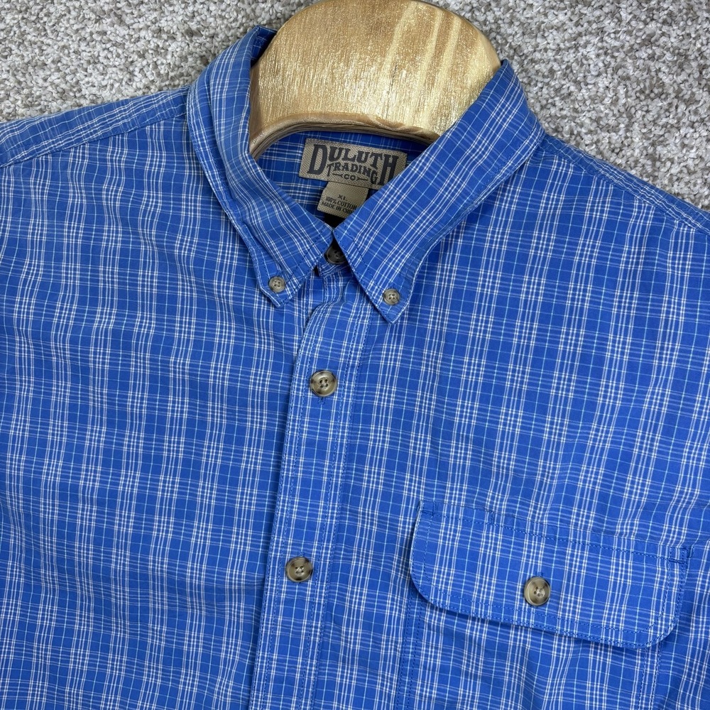 Duluth Trading Co Shirt Mens XL Blue Plaid Short Sleeve Button Up Cotton Casual